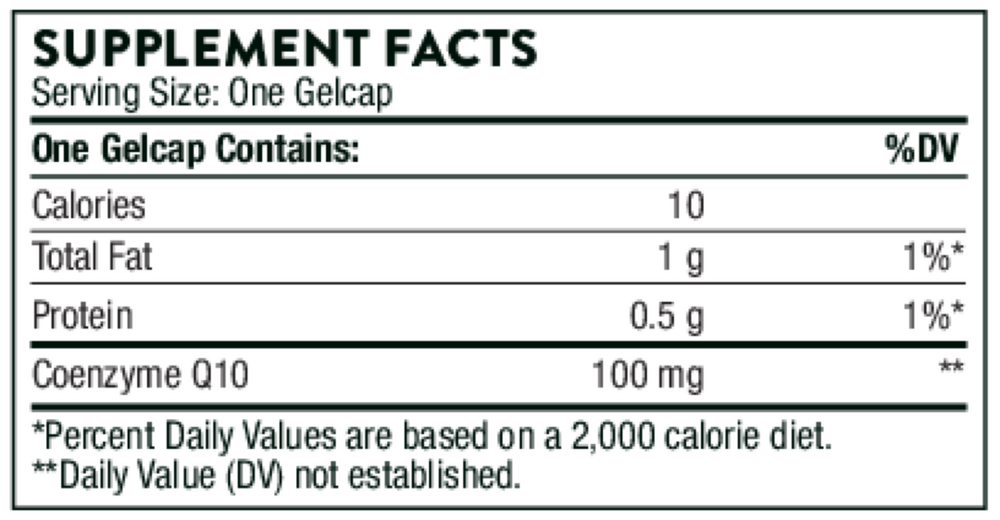 Supplement facts label for a gelcap containing Coenzyme Q10.