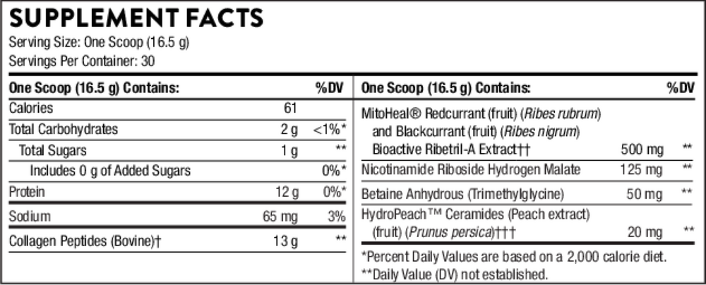 Supplement facts label with nutritional information for a product.