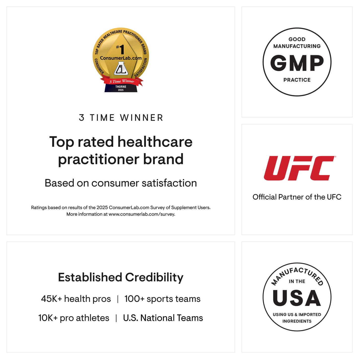 Certifications and branding logos on a white background