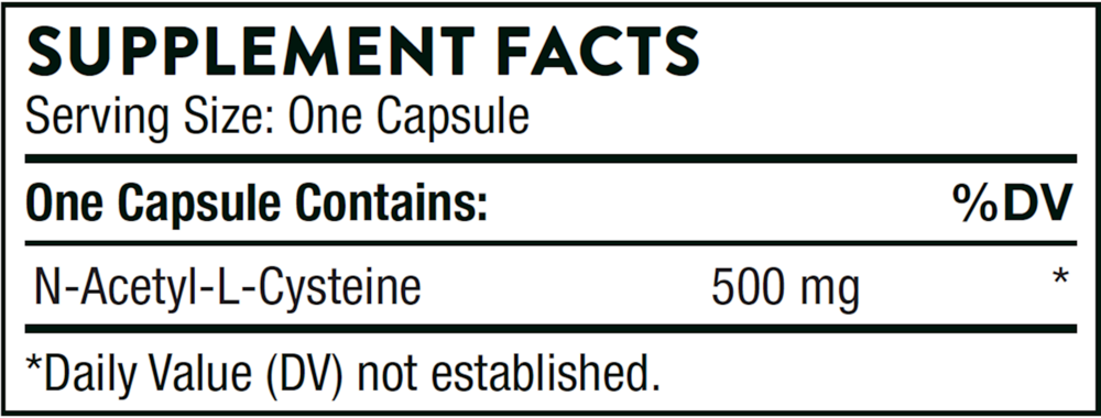 Supplement facts label for N-Acetyl-L-Cysteine capsules with serving size and one capsule contents.