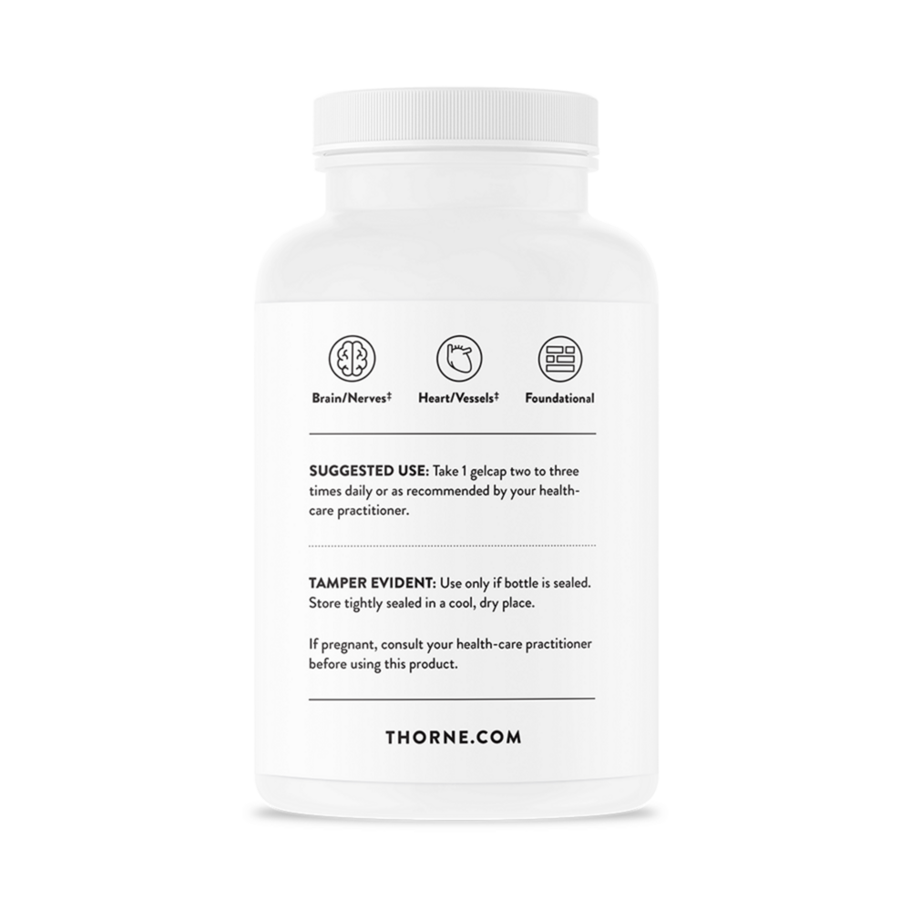 White supplement bottle with black text on a white background