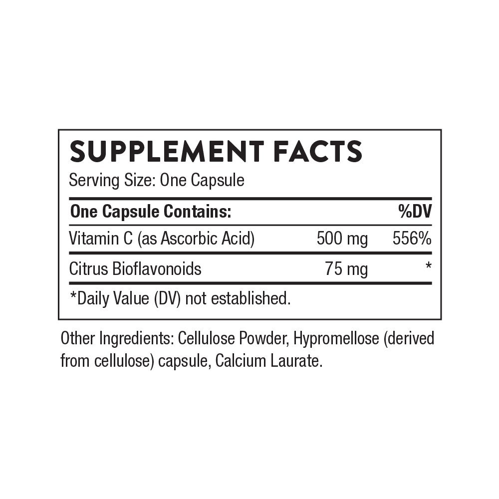 Supplement facts label for a capsule containing Vitamin C and Citrus Bioflavonoids on a white background.