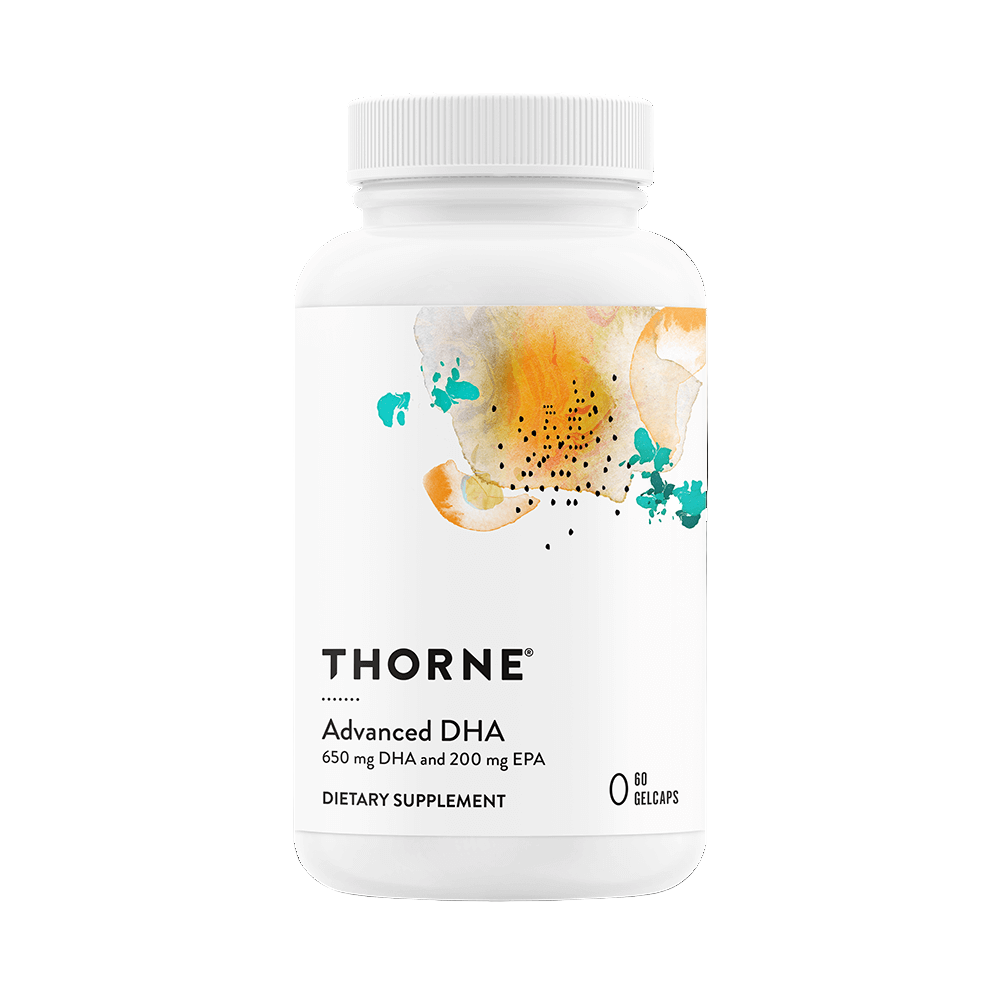 Thorne Advanced DHA dietary supplement bottle on a white background