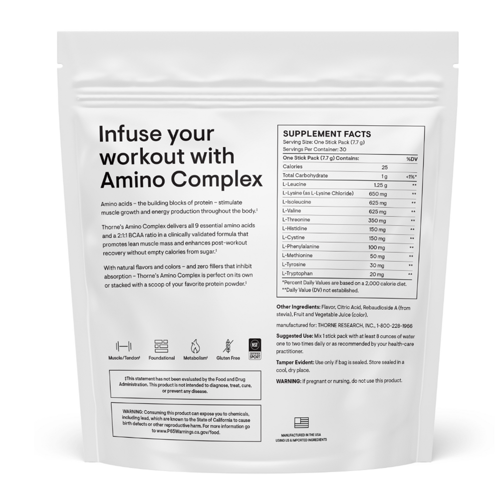 Supplement package with amino acid information on a white background