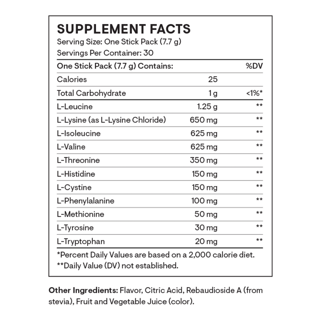 Supplement facts label for a product with various amino acid contents and serving size details.