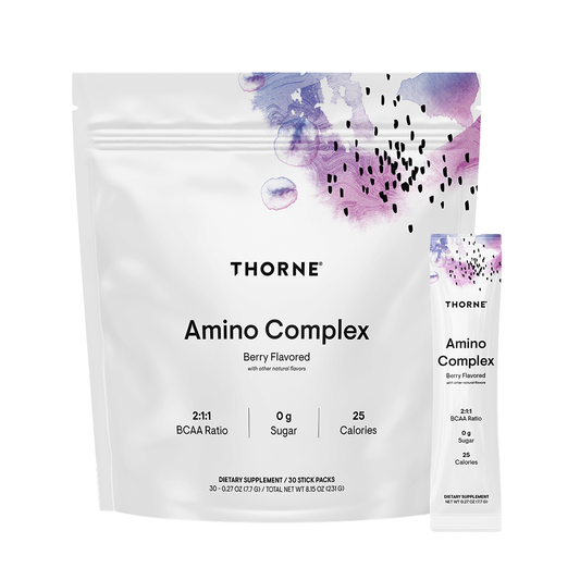 Thorne Amino Complex supplement package with berry flavor on a white background