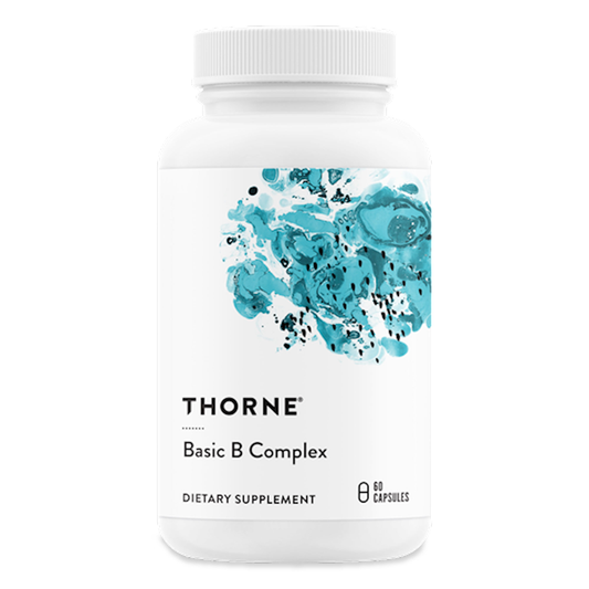 Thorne Basic B Complex dietary supplement bottle on a white background