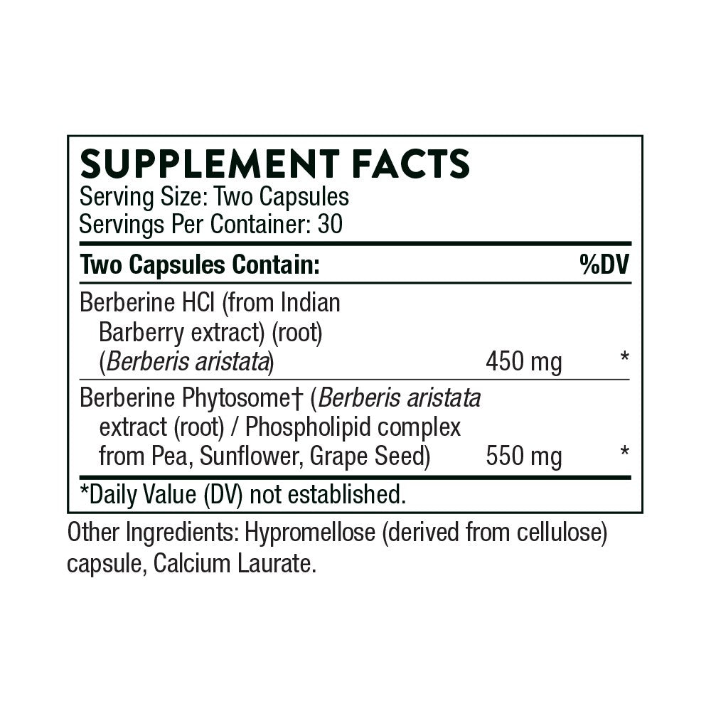 Supplement facts label for a product containing Berberine HCl and Berberine Phytosome on a white background.