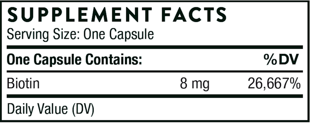 Supplement facts label for a capsule containing biotin with serving size and daily value information.