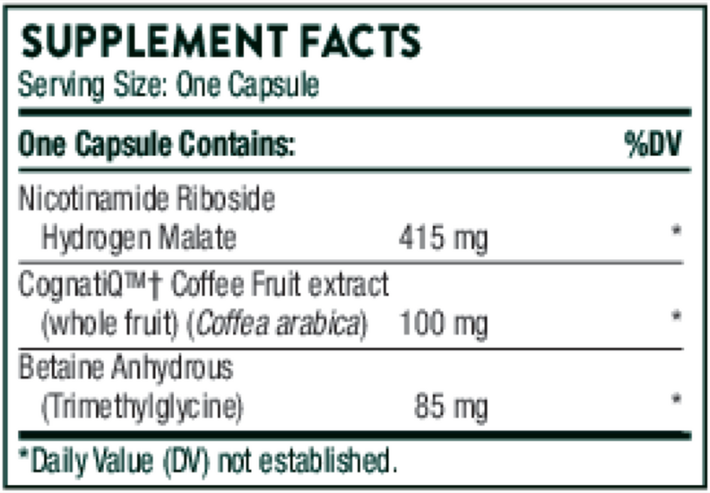 Supplement facts label for a capsule containing Nicotinamide Riboside, Hydrogen Malate, CognatiQ Coffee Fruit extract, and Betaine Anhydrous.