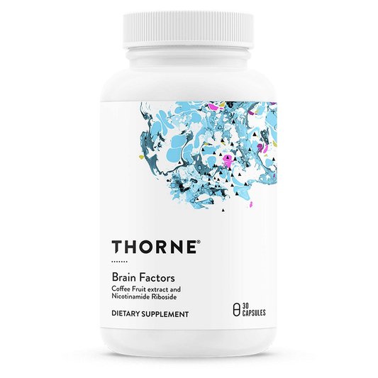 Thorne Brain Factors dietary supplement bottle with colorful label on a white background