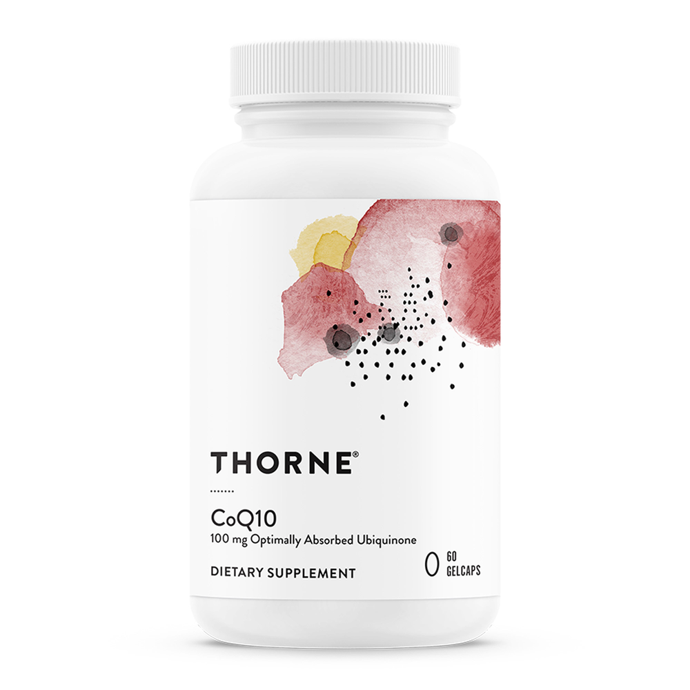 Thorne CoQ10 dietary supplement bottle on a white background