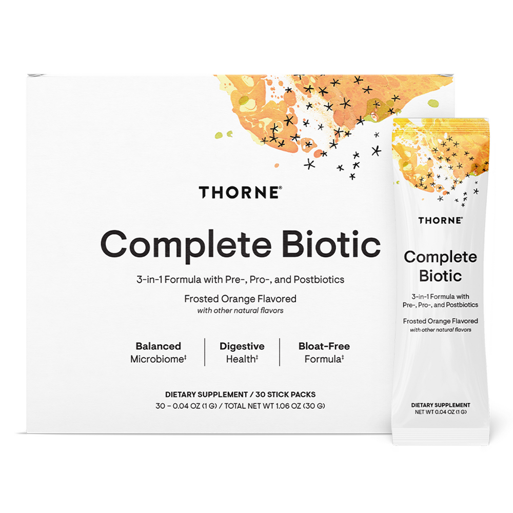 Thorne Complete Biotic supplement packaging with a frosted orange flavor on a white background