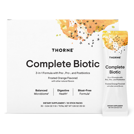 Thorne Complete Biotic supplement packaging with a frosted orange flavor on a white background