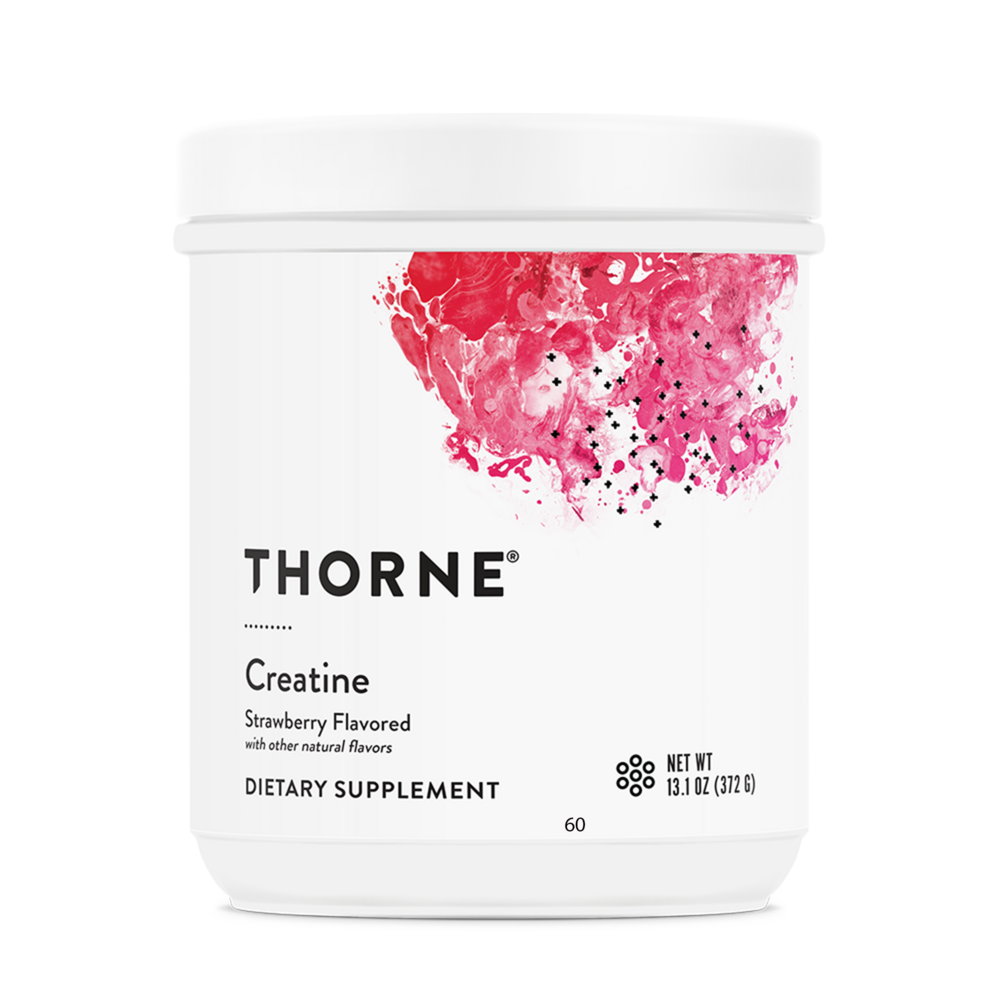 Thorne Creatine dietary supplement container with pink label on a white background