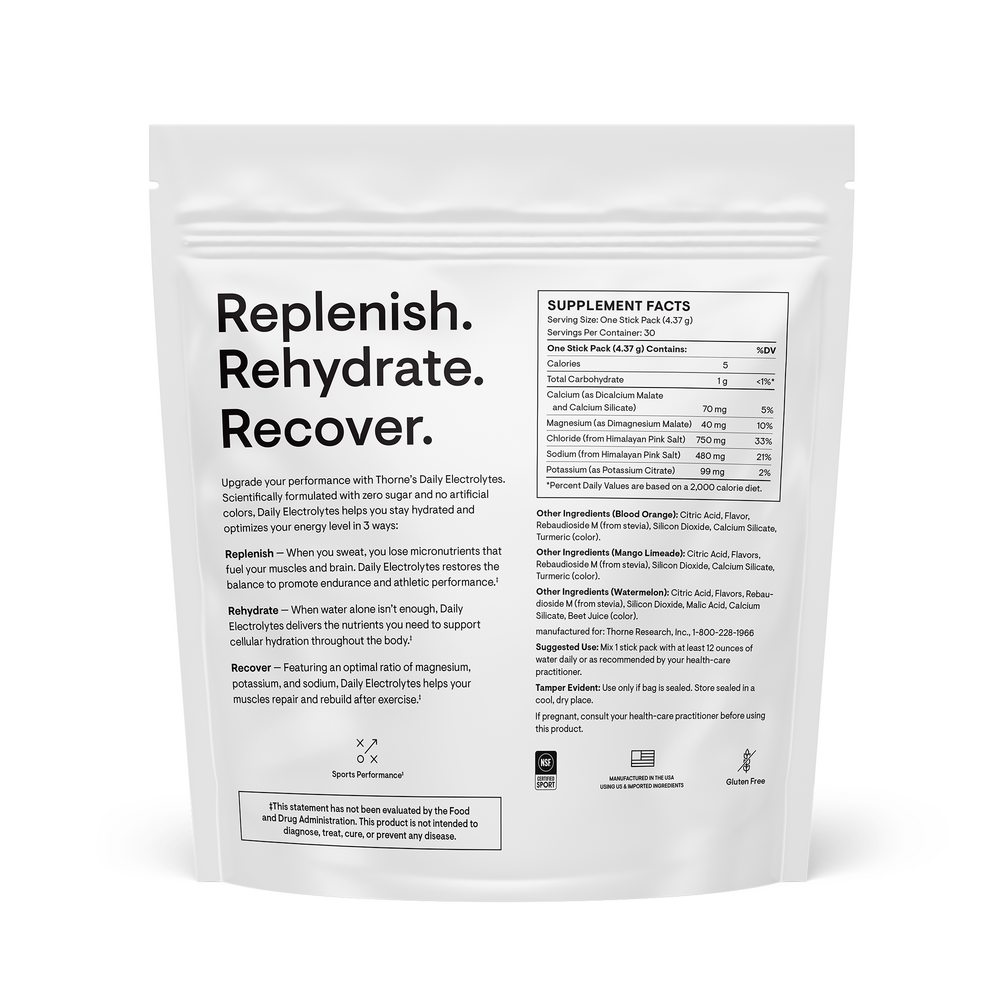 Supplement package with text 'Replenish. Rehydrate. Recover.' on a white background