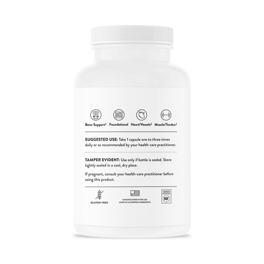White supplement bottle with label on a white background