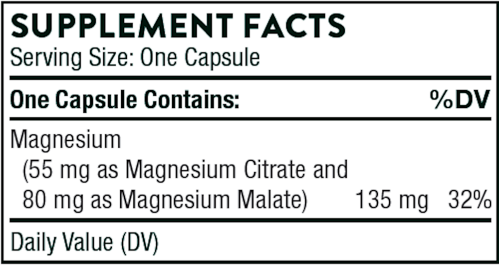 Supplement facts label for magnesium capsules with serving size and content details.