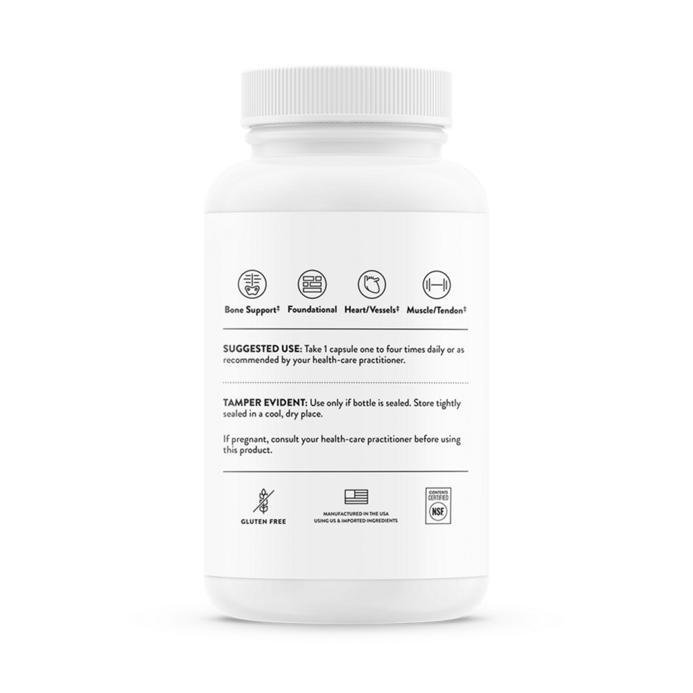 White supplement bottle with label on a white background