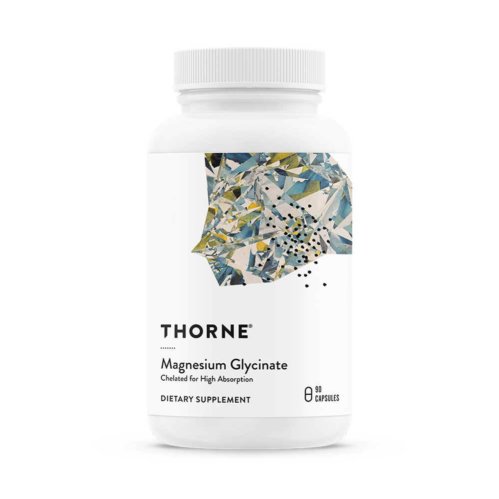 Thorne Magnesium Glycinate supplement bottle on a white background
