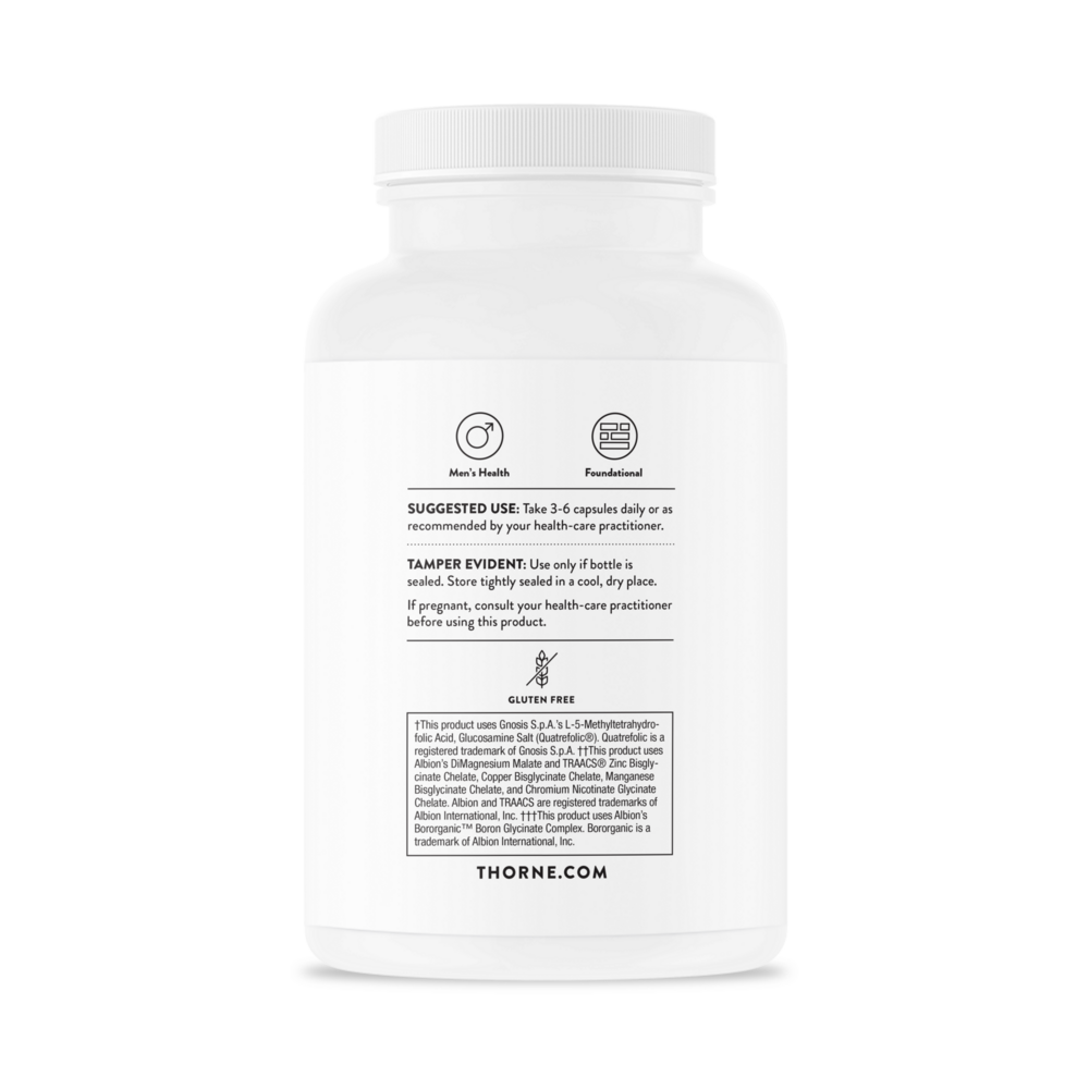 White supplement bottle with black text on a white background