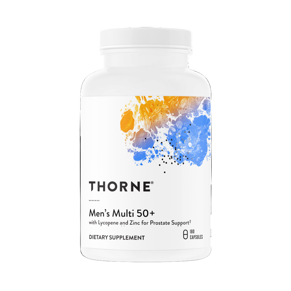 Thorne Men's Multi 50+ dietary supplement bottle on a white background