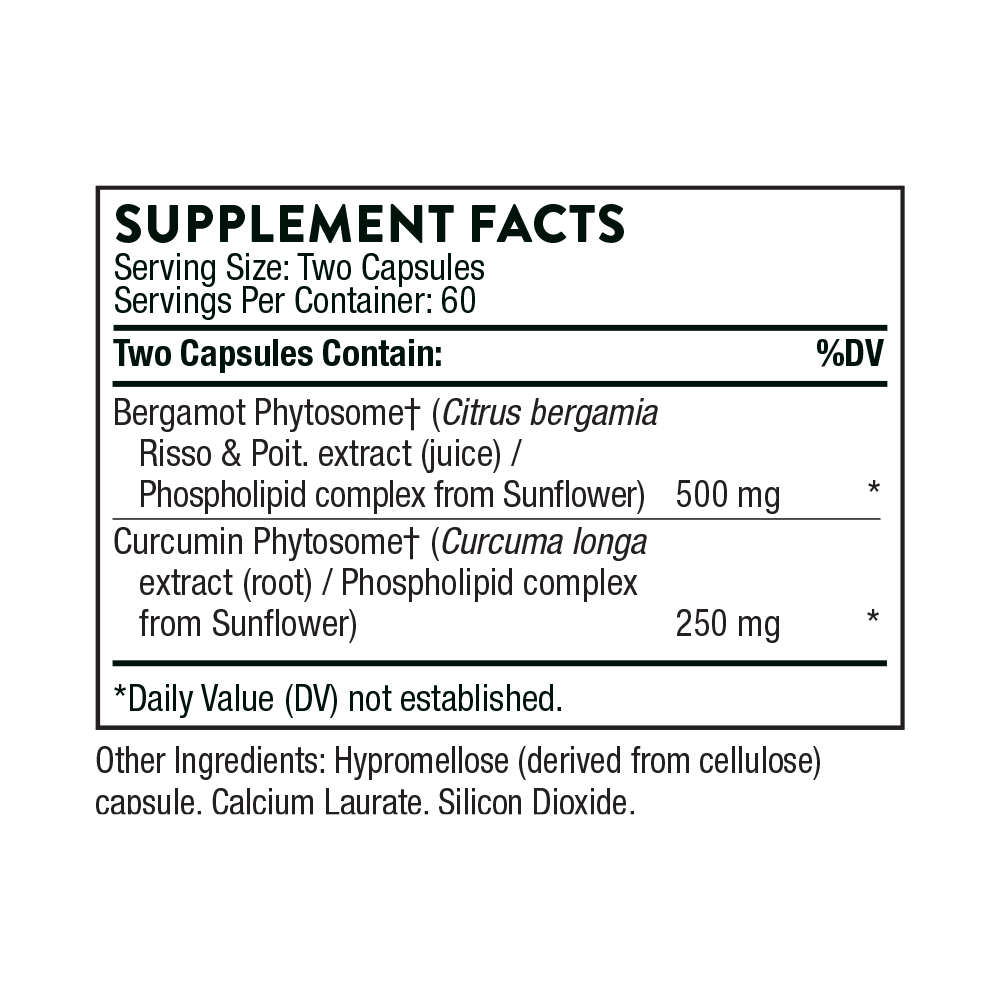 Supplement facts label for two capsules with Bergamot, Phytosomet, and Curcumin Phytosomet.