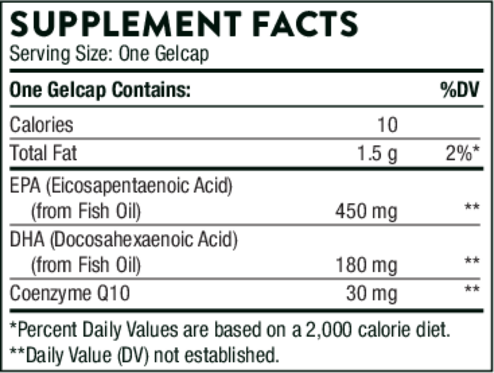 Supplement facts label for a gelcap containing EPA, DHA, and Coenzyme Q10.