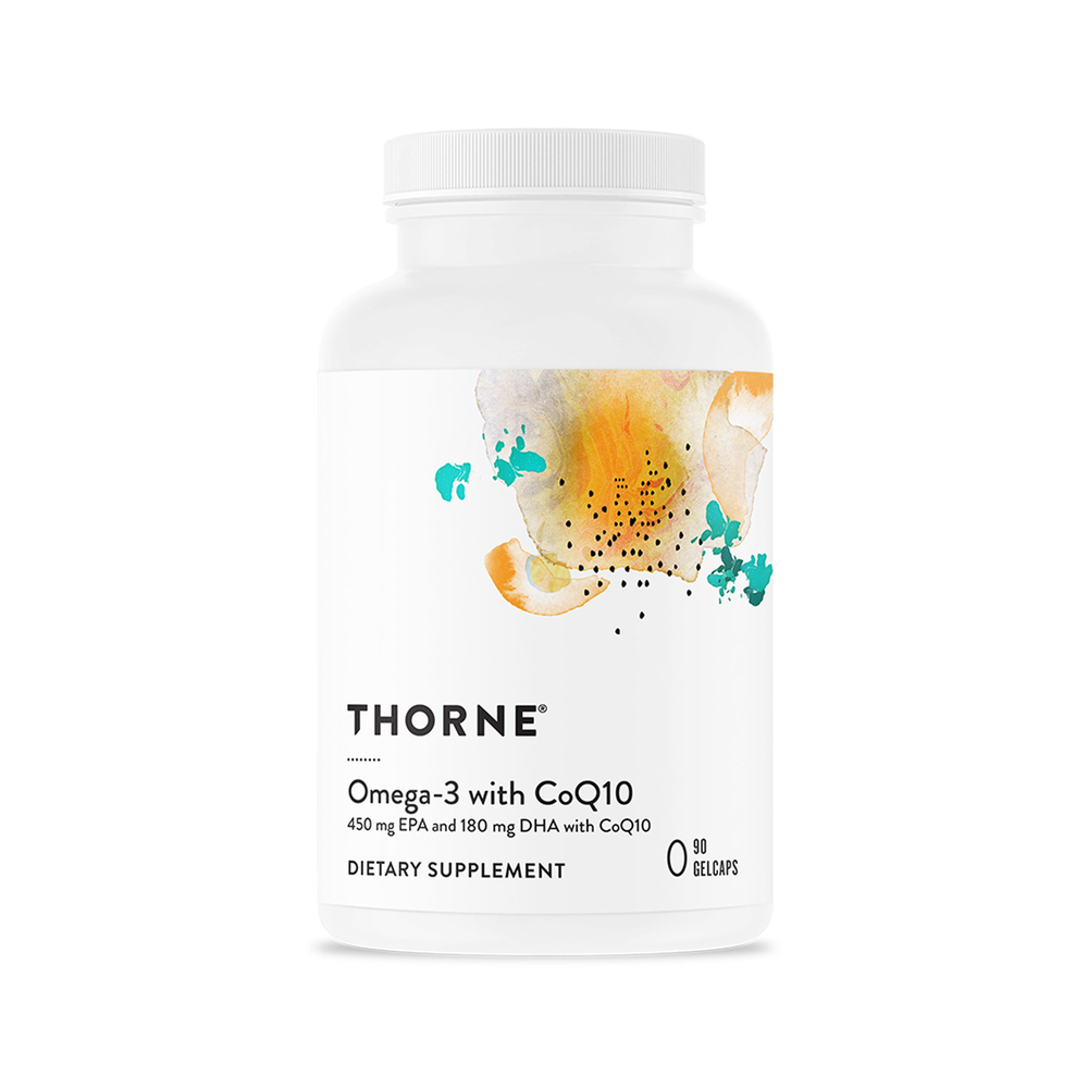 Thorne Omega-3 with CoQ10 dietary supplement bottle on a white background