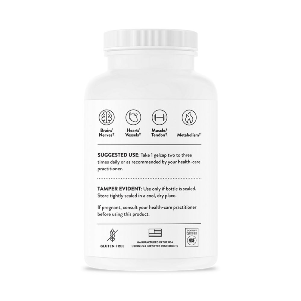 Supplement bottle label with icons and text on a white background