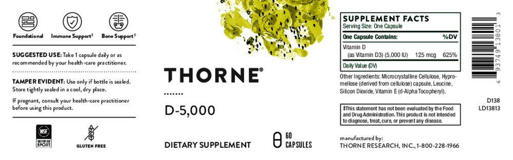 Thorne Research D-5,000 dietary supplement label with supplement facts and Thorne logo.