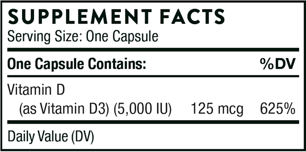 Supplement facts label for a Vitamin D capsule with serving size and vitamin content details.