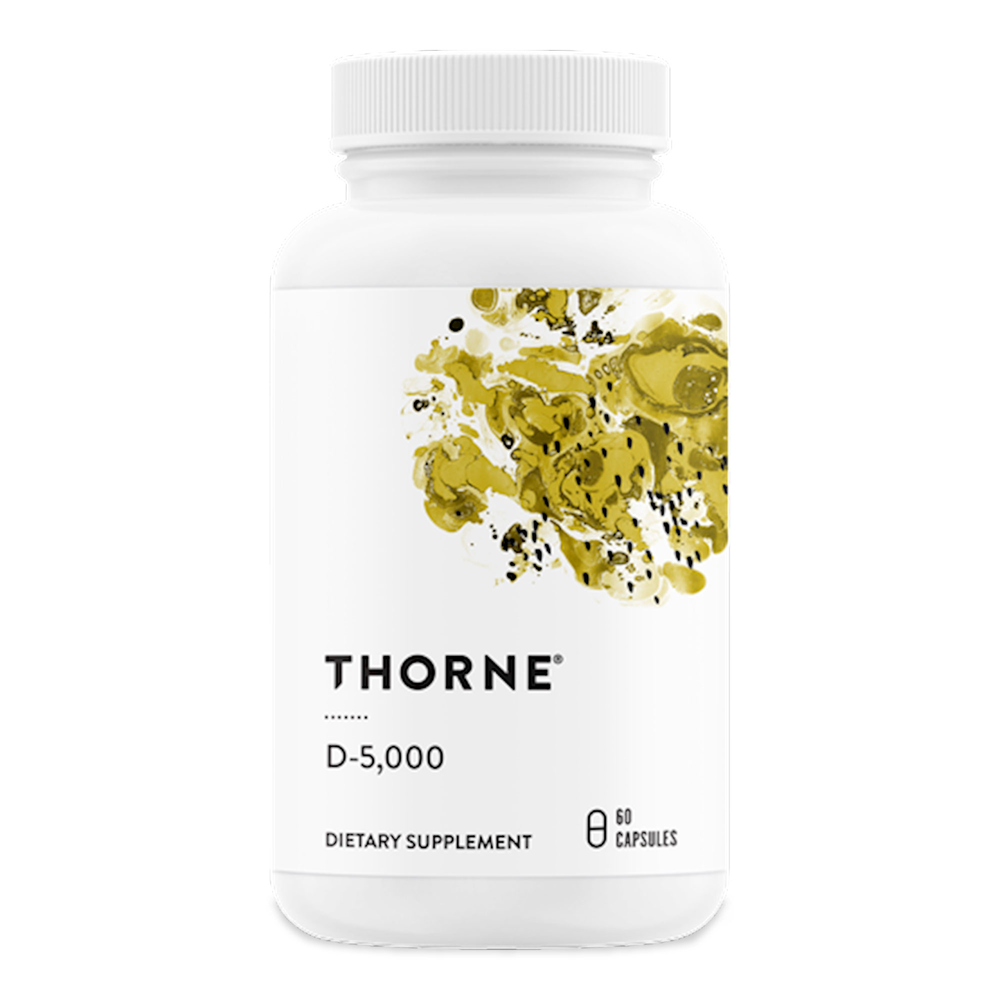 Thorne D-5,000 dietary supplement bottle on a white background