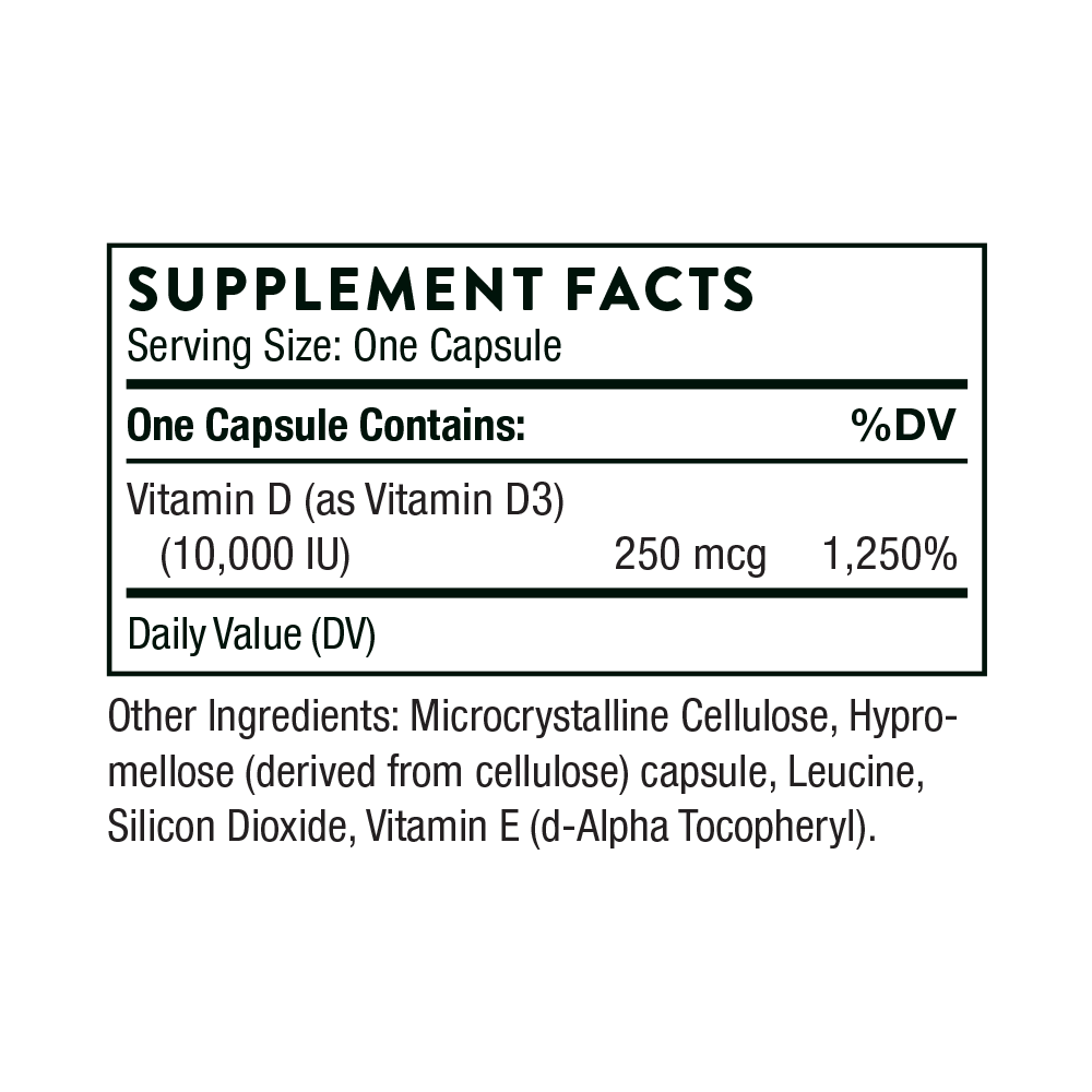 Supplement facts label for a vitamin D capsule on a white background