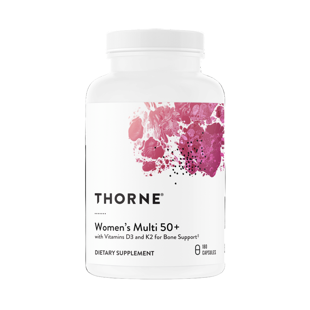 Thorne Women's Multi 50+ dietary supplement bottle on a white background